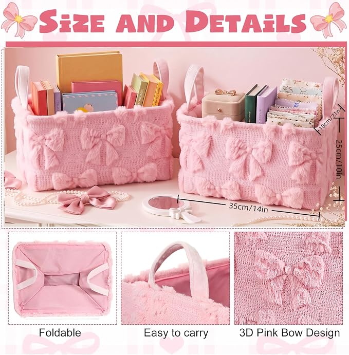 2 Pcs Pink Bow Storage Baskets 14x10'' Back to School Gift Baskets Foldable Fluffy Laundry Storage Bin with Handle Coquette Closet Organizer for Preppy Dormitory Countertop Tabletop Shelf