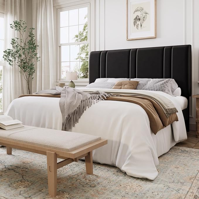 SHA CERLIN Queen Size Velvet Bed Frame with Adjustable Headboard, Black | Vertical Channel Tufted Design, Upholstered Platform Bed, Wood Slats Support/No Box Spring Needed/Easy Assembly