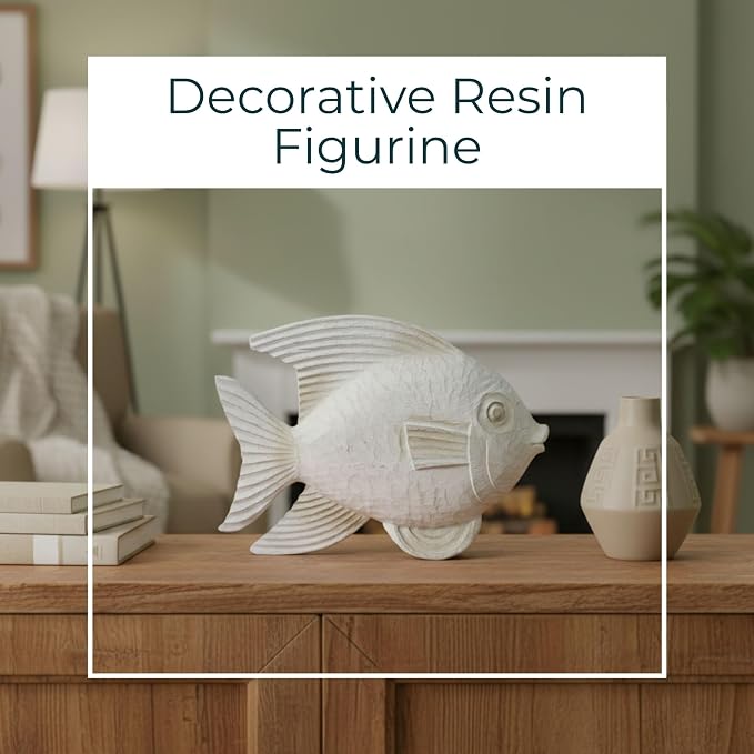 Bookshelf Decor Fish Figurine–White Wash Polyresin Decorative Accessory for Living Room, Coffee Table or Shelf – Aesthetic Boho Shelf Decor, Decorative Objects for Living Room – 13", White
