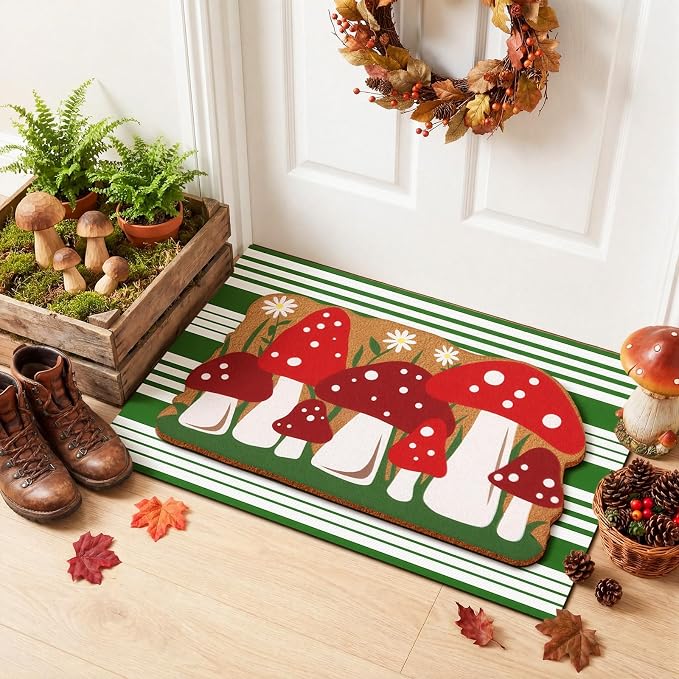 Tinideya 2 Pcs Mushroom Door Mat Welcome Non Slip Coir Mats Floor Layering Green and White Stripe Doormats Seasonal for Front Porch Entryway Decor(23.6 x 35.4 Inches, Mushroom, Green Red)