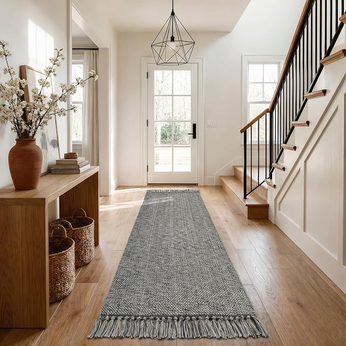 Collive Boho Washable Kitchen Runner Rug, Modern Farmhouse Hallway Runner Rug 2.6' x 8' Gray Bathroom Rugs, Hand Woven Entry Hall Carpet for Laundry Bedroom Decor
