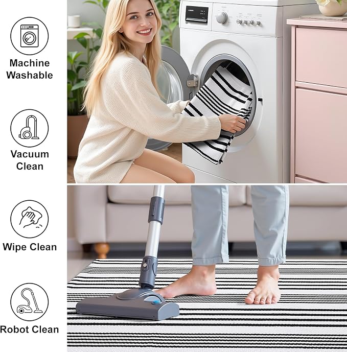OLANLY Black White Modern Striped Rug 3' x 5' – Washable Cotton Indoor Outdoor Doormat for Front Door, Entryway, Kitchen, Porch, Patio Decor