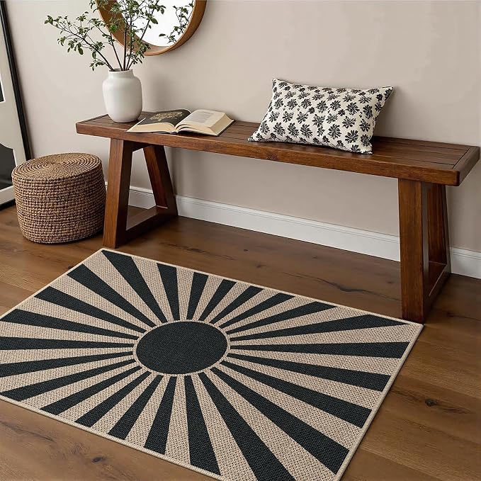 Easy Jute 2x3 Black Sun Area Rug,Washable Boho Entryway Rug, Small Modern Door Carpet,Neutral Non-Slip Outdoor Indoor Farmhouse Rug for Kitchen Patio Entry Porch