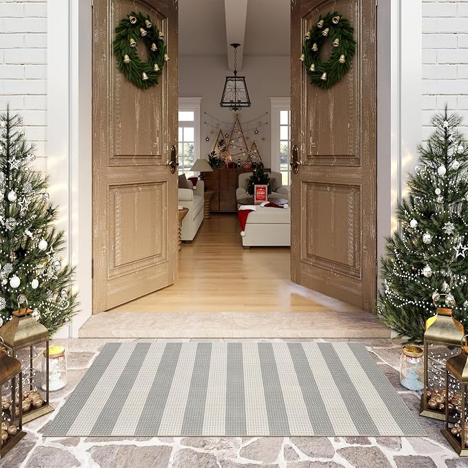 OJIA Indoor Outdoor Rugs 3'x5' Washable Area Rug Entryway Front Door Mat | Striped Front Porch Rug Outdoor Mats Cotton Small Indoor Carpet for Entry/Patio/Deck/Balcony/Bedroom/Living Room Gray/White