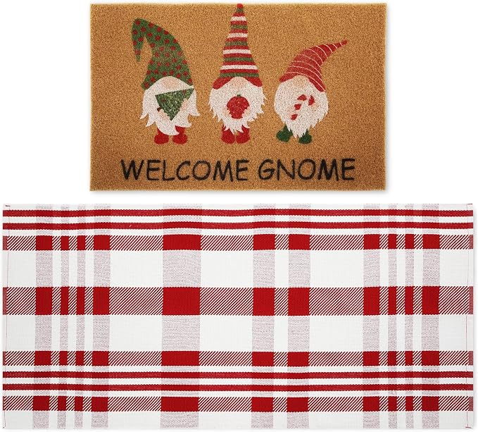 2 Pcs Outdoor Door Mat Combo Set Layered Outdoor Rug and Coir Welcome Doormat Non Slip Outside Floor Mat for Front Porch Entryway Patio Yard Decor(Gnome,24'' X 51',18'' X 28'')