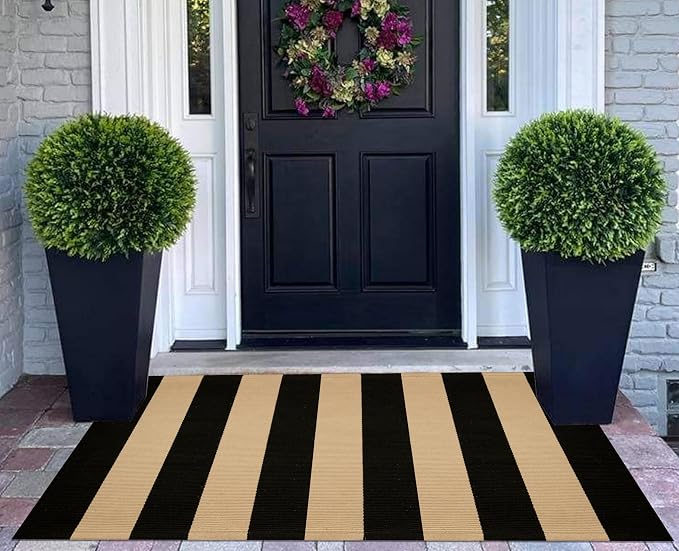 Striped Layering Rug 27.5"x43",Black and Tan Farmhouse Front Porch Mat Cotton Woven Washable Entryway Rug Indoor Outdoor Front Door Mat for Porch/Entryway/Home Entrance Decor