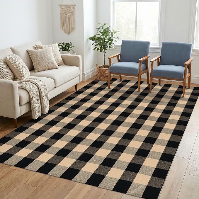 KILOCOCO Buffalo Plaid Checkered Rug 5x7 ft Living Room Rug Brown and Black | Machine Washable Rug for Front Porch, Indoor Outdoor Rugs, Cotton Dining Room Carpet, Low Pile Farmhouse Bedroom Rug