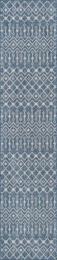 Unique Loom Outdoor Trellis Collection Area Rug - Tribal Trellis (2' 7" x 12' Runner, Blue/ Ivory)