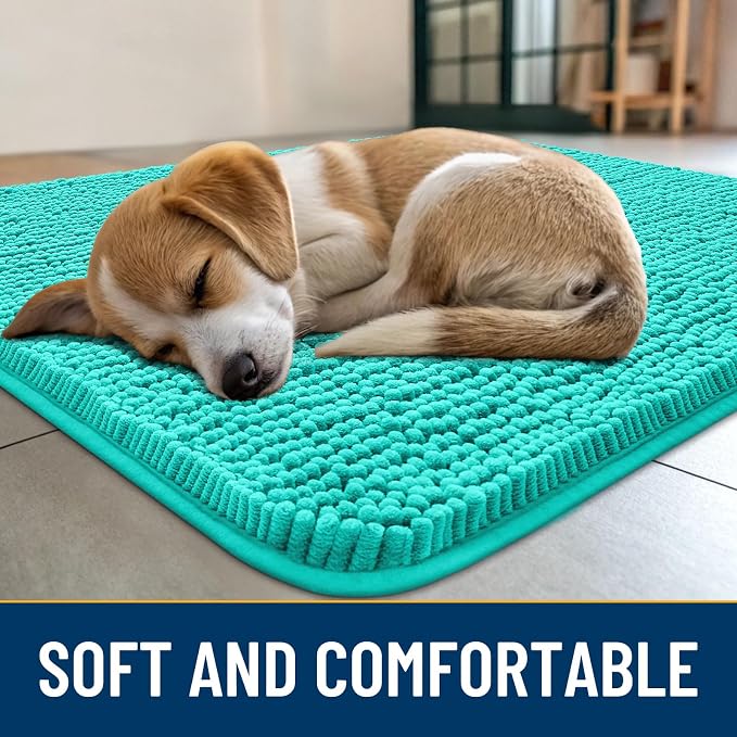 Smiry Dog Door Mat for Muddy Paws 54x32, Absorbent Dirt Trapper, Non-Slip Washable Chenille Entryway Rug for Inside Floor, Teal, Classic Solid