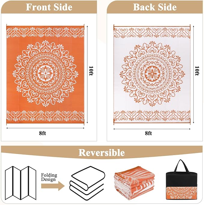 Pauwer Outdoor Rug 8x10, Waterproof Plastic Camping Rug, Floral Orange | Reversible Patio Rug, UV Resistant Indoor Outdoor RV Mat Carpet For Deck, Camper, Porch, Balcony, Backyard, Picnic, Foldable