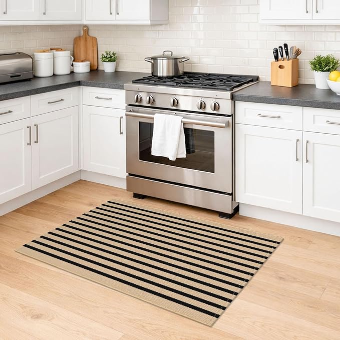 KILOCOCO Striped Rug 2.3'x3.6' Indoor Outdoor Rugs Front Door Mat, Brown | Cotton Washable Striped Front Porch Rug, Woven Layered Doormats, Welcome Mat for Entryway, Low Pile Kitchen Rugs