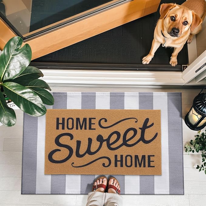OLANLY Grey and White Striped Rug 3' x 5' – Washable Cotton Indoor Outdoor Doormat for Front Door, Entryway, Kitchen, Porch, Patio Decor