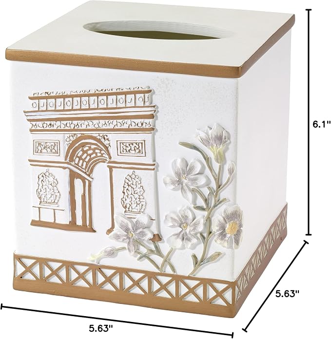 Avanti Linens - Tissue Box Cover, Hand Painted Resin, Countertop Accessories, Chic Bathroom Decor (Paris Botanique Collection)