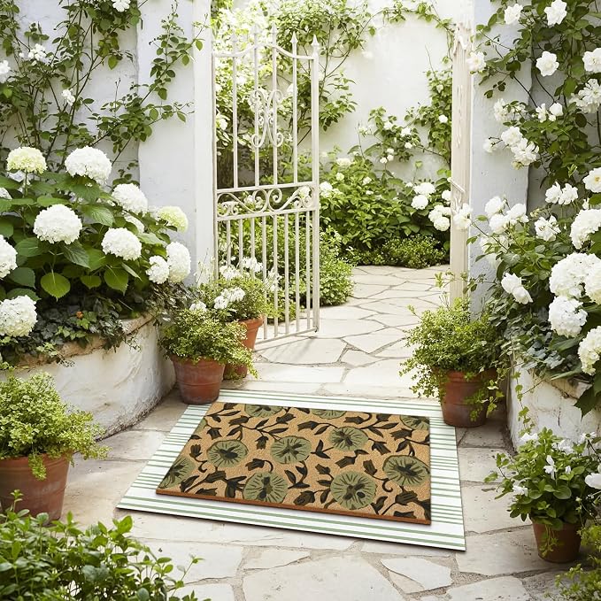 Tinideya 2 Pcs Floral Door Mat Flower Welcome Non Slip Coir Mats Floor Layering Green and White Stripe Summer Doormats Seasonal for Front Porch Entryway Decor(Floral)
