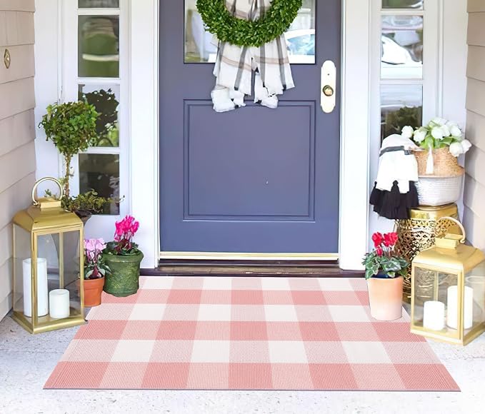 Pink and White Front Door Mat 24''X35'' Buffalo Plaid Checked Front Porch Rug Cotton Woven Washable Rug Layering Doormat for Welcome Door Mat Entryway Dining Room Bedroom Living Room