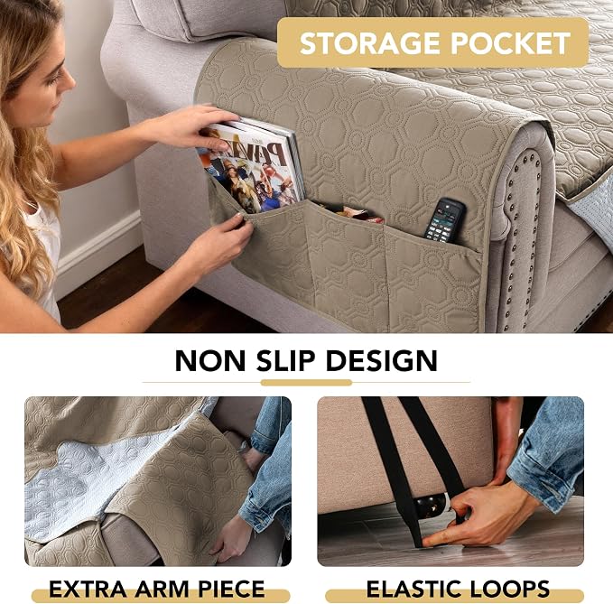 H.VERSAILTEX 100% Waterproof Couch Cover for Dogs Washable Triple Non-Slip Armchair Slipcover Thick Durable Sofa Protector with Storage Pocket (Chair, Taupe)