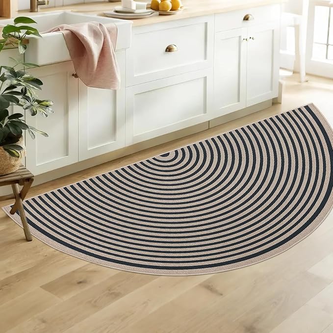 Easy Jute Rainbow Rug 3x6Ft Half Circle Doormat Neutral Faux Jute Carpet for Farmhouse Bedroom Entrance Balcony, Nonslip Half Round Floor Mat for Living Room Patio Kitchen, Outdoor, Black 3