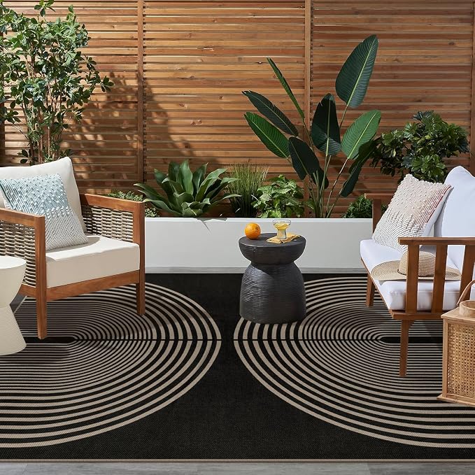 Rugalia Easy Jute 5x7 Outdoor Patio Rug, Washable Black Boho Rainbow Rugs for Living Room, Non-Slip Modern Farmhouse Outdoor Mat Neutral Abstract Floor Carpet for Patio Dining Room Backyard