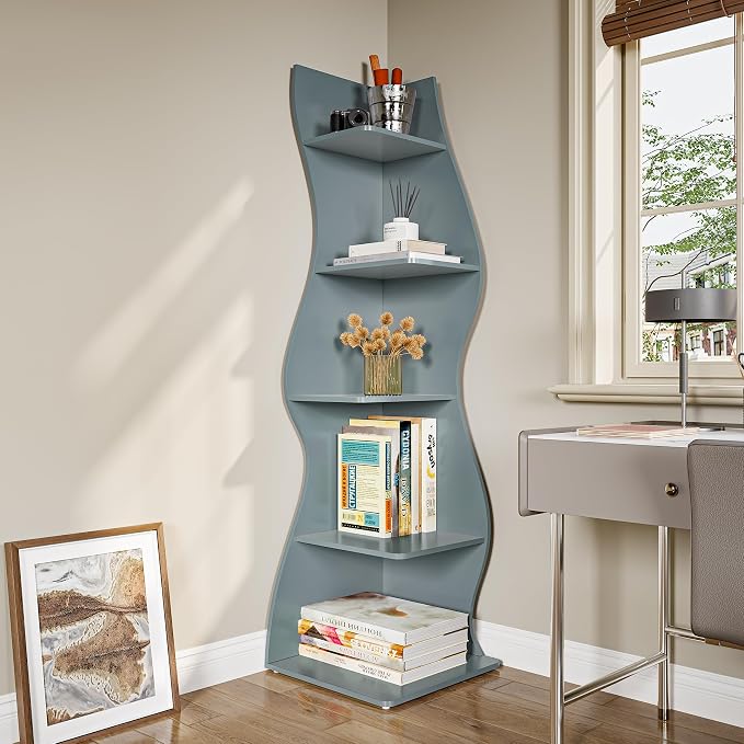 LITTLE TREE Small Corner Shelf, Modern 5-Tier Wall Corner Bookshelf, Stylish Bookcase Storage Rack for Small Space, Living Room, Bedroom, Blue, 1 Pack