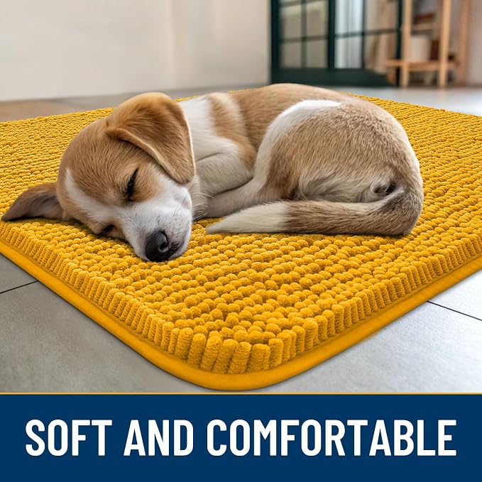 Smiry Dog Door Mat for Muddy Paws 30x17, Absorbent Dirt Trapper, Non-Slip Washable Chenille Entryway Rug for Inside Floor, Golden Yellow, Classic Solid
