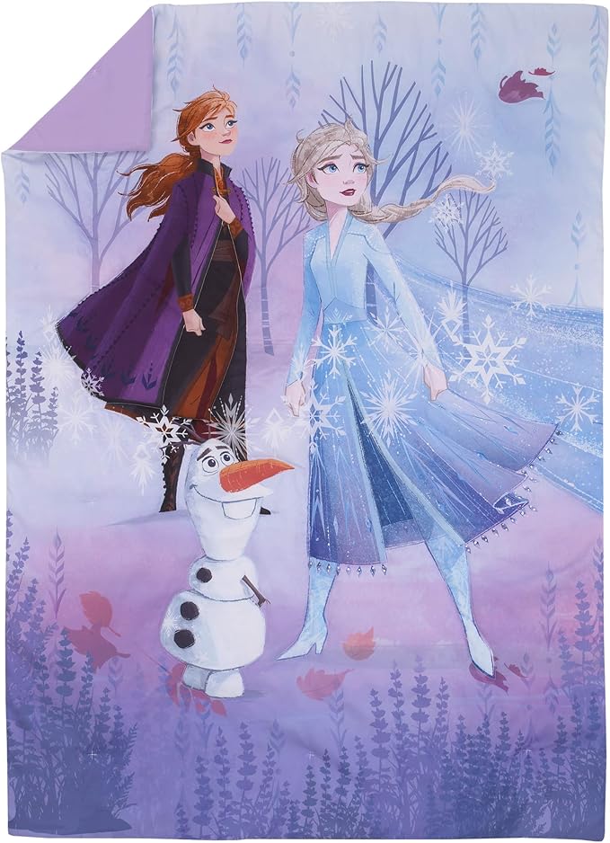 Disney Frozen 2 Lavender, Light Blue and Purple Forest Spirit 4 Piece Toddler Bed Set - Comforter, Fitted Bottom Sheet, Flat Top Sheet, Reversible Pillowcase