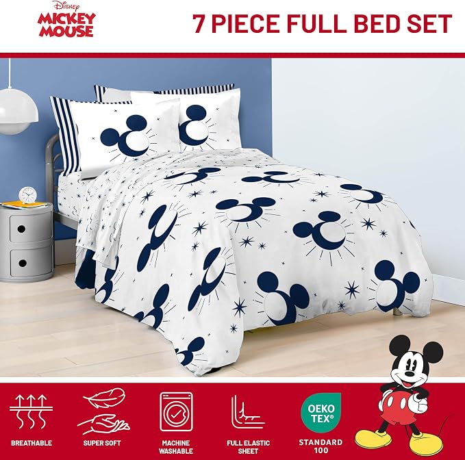Disney Mickey Mouse Full Size Comforter Set 7 Piece Bedding, White | Bed in a Bag, Comforter Sheets Shams Pillowcases, Official Product, Soft Microfiber, Machine Washable, Easy Care