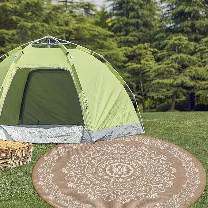 Pauwer Outdoor Rug 6ft, Waterproof Plastic Straw Camping Rug, Floral Brown | Reversible Patio Rug, UV Resistant Indoor Outdoor RV Mat Carpet For Deck, Camper, Porch, Balcony, Backyard, Picnic, Foldable