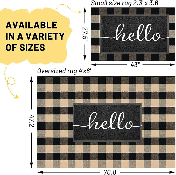 KILOCOCO Buffalo Plaid Checkered Rug 4x6 ft Front Door Rug, Brown and Black | Machine Washable Front Porch Rug, Outdoor Indoor Living Room Rug, Cotton Low Pile Rugs for Kitchen Patio Dining Room