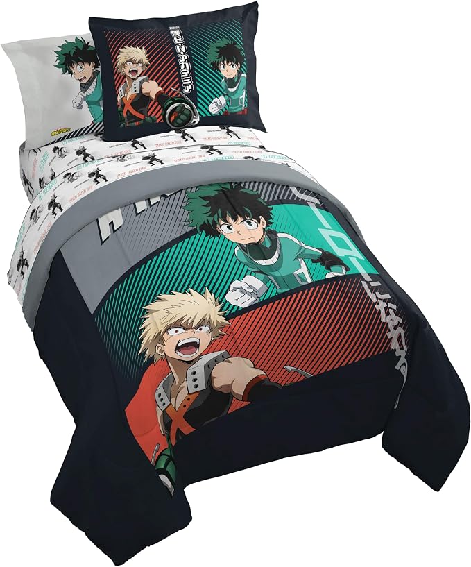 My Hero Academia Deku Full Comforter Set 7 Piece Anime Bedding, Black | Bed in a Bag, Comforter Sheets Shams Pillowcases, Official Product, Soft Microfiber, Machine Washable, Kids Gift