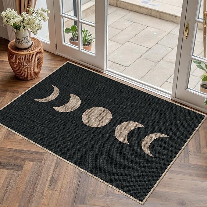 Easy Jute 2x3 Black Moon Area Rug,Washable Entryway Rug, Small Modern Door Carpet,Neutral Non-Slip Outdoor Indoor Farmhouse Rug for Kitchen Patio Entry Porch
