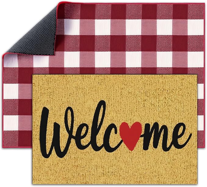 2 Pcs Valentines Day Welcome Doormat, Heart Welcome Door Mat Valentines Day Non Slip Coir Plaid Mat Layering Doormats Seasonal for Home Bathroom Front Porch Entryway Decor 24"x 32"