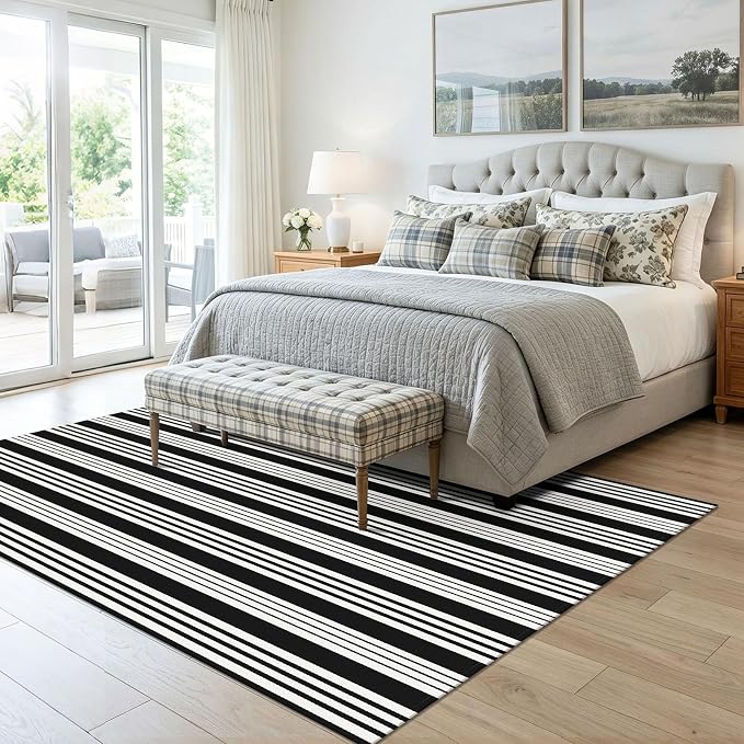 KOZYFLY Black White Rug 5x7 ft Area Rug Woven Washable Striped Rugs Cotton Farmhouse Indoor Outdoor Rugs for Living Room Bedroom Entryway Porch Patio Carpet