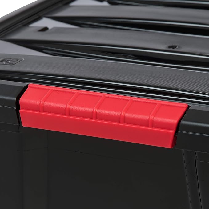 IRIS USA 4-Pack 54 Quart Storage Bins with Lids, Black | Black finish conceals stored items. Perfect for moving, blankets, clothing, and garage storage. Nestable design saves space