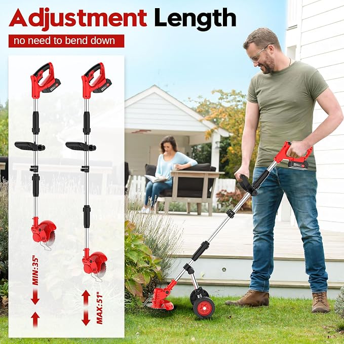 Electric Weed Wacker Cordless with Wheel, 4 in 1 Weed Eater Battery Powered Brush Cutter String Trimmer Edger, 4000mAh Stringless Weed Trimmer Lightweight Grass Trimmer Mower, 2 Battery and Charegr