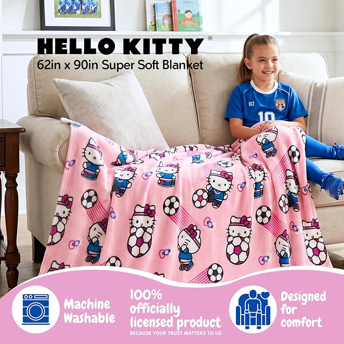 Hello Kitty Kids Soccer Blanket, 90 in x 62 in, Soft Plush Throw for Couch, Bed, or Sporting Events, 2026 World Tournament (Officially Licensed Product) by Franco