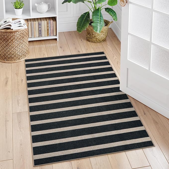 Lahome Striped Easy Jute 3x5 Outdoor Patio Rug, Washable Rugs for Porch | Entryway Indoor Living Room Black Area Rug, Geometric Modern Farmhouse Neutral Door Mat, Non Slip Carpet for Backyard