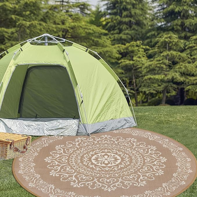 Pauwer Outdoor Rug 8ft, Waterproof Plastic Straw Camping Rug, Floral Brown | Reversible Patio Rug, UV Resistant Indoor Outdoor RV Mat Carpet For Deck, Camper, Porch, Balcony, Backyard, Picnic, Foldable
