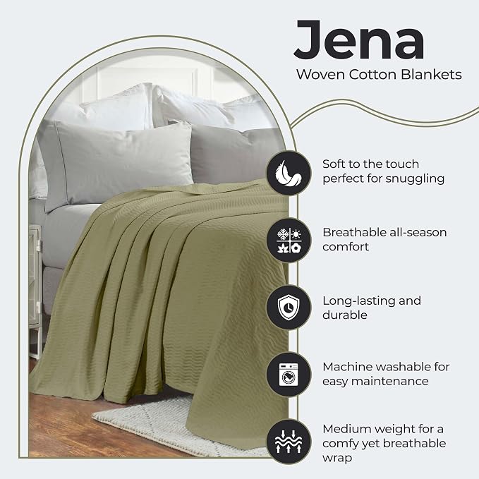Superior JENA Cotton Blanket, for Picnic, Beach, Traveling or Camping, Bedroom Decor, Essentials, Cover for Bed, Couch, Lounging, Textured Jacquard, Modern Chevron Woven Blanket, Full/Queen, Sage