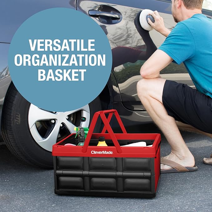 CleverMade Collapsible Shopping Basket, 32L, Recycled Plastic, Red | Rigid walls support up to 35 lb, while top and side handles balance heavier grocery, laundry, or gear loads.