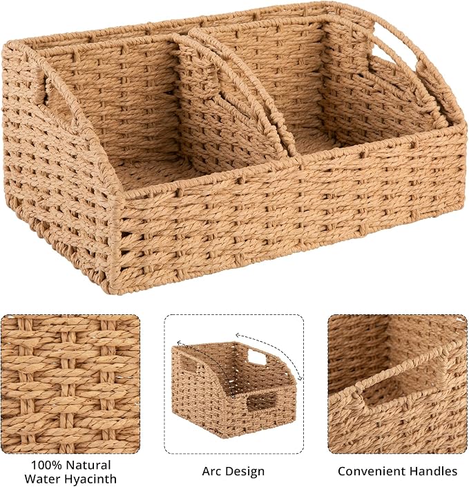 OIAHOMY Pantry Baskets for Organizing, Paper Rope Baskets with Built-in Handles, Wicker Storage Baskets for Shelves, 3 Pack-Yellow