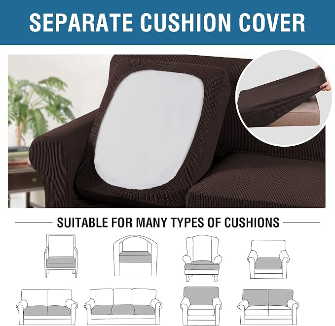 H.VERSAILTEX 3 Piece Stretch Sofa Covers for 2 Cushion Loveseat Couch Covers for Living Room Sofa Slipcovers (Base Cover Plus 2 Seat Cushion Covers) Thicker Jacquard Fabric(Medium Sofa, Chocolate)