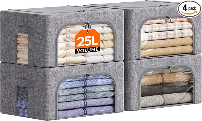 Lifewit Clothes Storage Bins with Metal Frame, Stackable Storage Box, Foldable Clothing Storage Bins with Lids, 25L Storage Bags Fabric Box Organizer with Clear Window＆ Zippers＆ Sturdy Handles 4 Pack