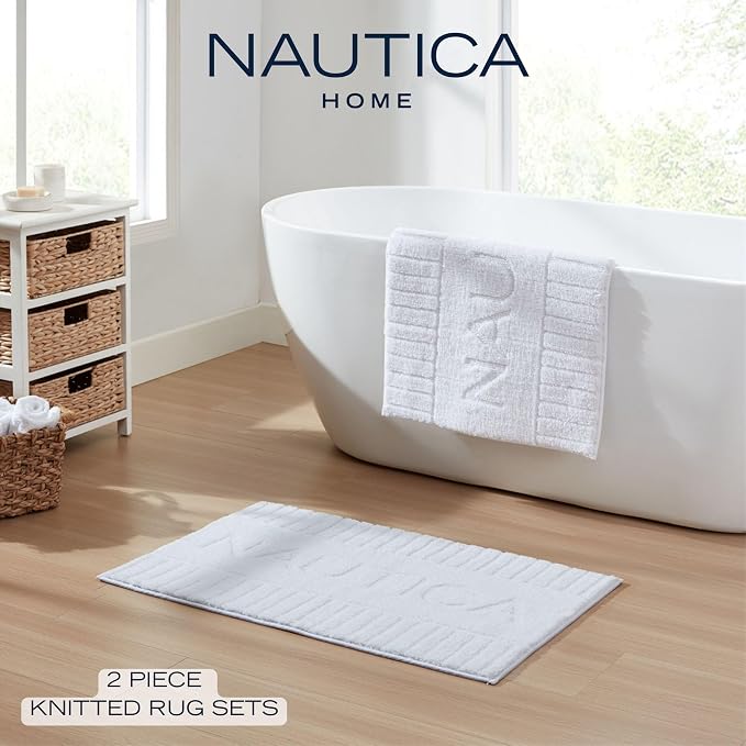 Nautica - Bath Rugs, Soft & Absorbent Plush Bath Mat with Skid Resistant Backing, Oeko-Tex Certified (Nautica Logo White, 2-Piece)