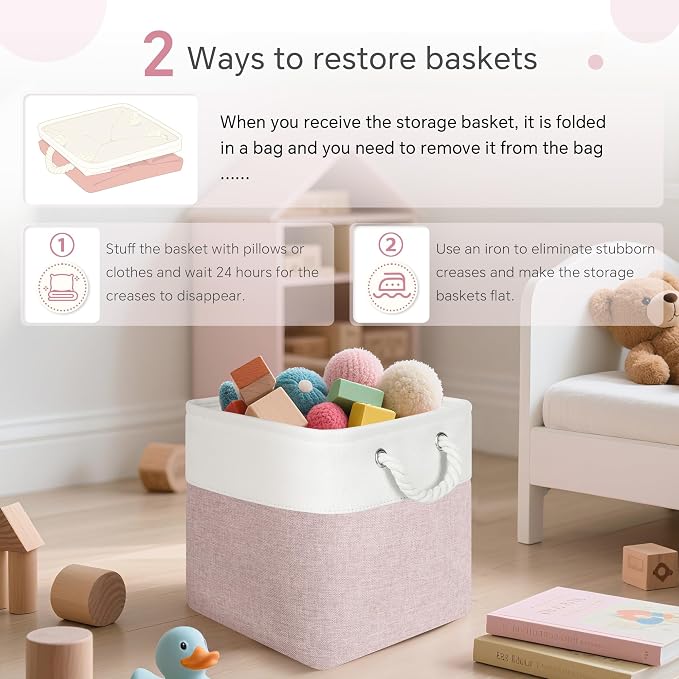 FinishingBo 11 inch Cube Storage Bin with Handles 6 Pack | Foldable Basket, Fabric Storage Bins, Closet Storage, Home Organizer (White/Pink)