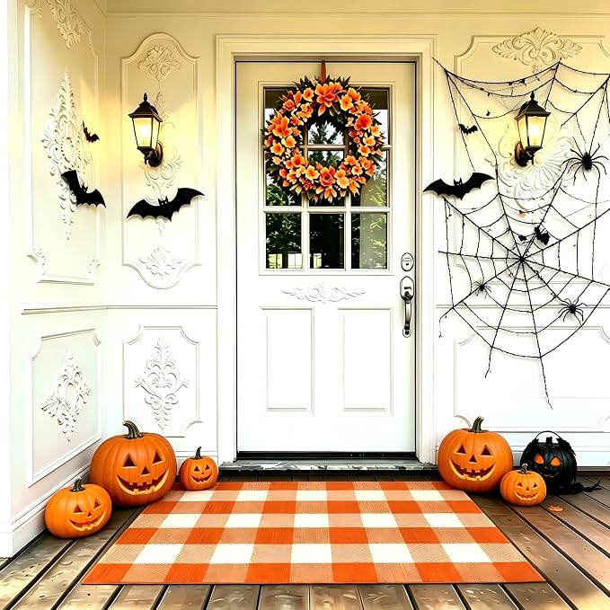 Halloween Orange and White Buffalo Plaid Rug,2'4'' x 3'7'' Indoor Outdoor Washable Rug, Spooky Accent Mat for Halloween Indoor Outdoor Decor, Porch, Living Room, Entryway, Patio