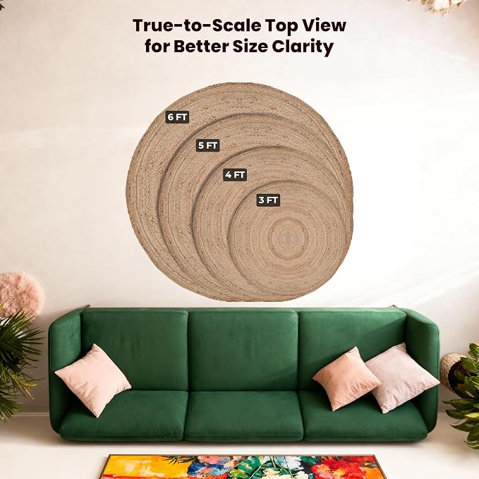 Craft Trade Large Hand Woven Jute Area Rug 6' Reversible Braided Farmhouse Living Room Outdoor Bedroom Natural Fiber Circular Vintage Sisal Boho Carpets (6ft, Round)