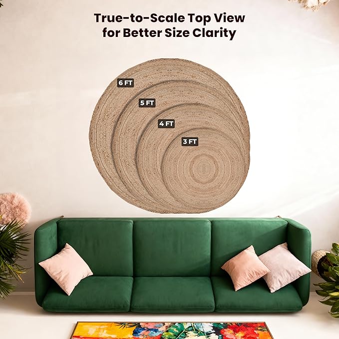 Craft Trade 5 Ft Round Jute Area Rug - Natural Braided Woven Circle Rug - Reversible & Eco-Friendly Floor Mat for Living Room, Bedroom & Dining Area (60 Inch, Natural)