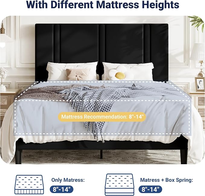 Allewie Full Size Platform Bed Frame with Adjustable Headboard | Plush Velvet Upholstered, Vertical Channel Tufted, Sturdy Wood Slats, No Box Spring Needed, Easy Assembly, Black
