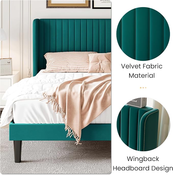 SHA CERLIN King Size Velvet Bed Frame, Tufted Wingback Headboard, Teal | 47'' Modern Vertical Channel Headboard, Upholstered Platform Bed, Wood Slats, No Box Spring Needed, Easy Assembly, Noise Free