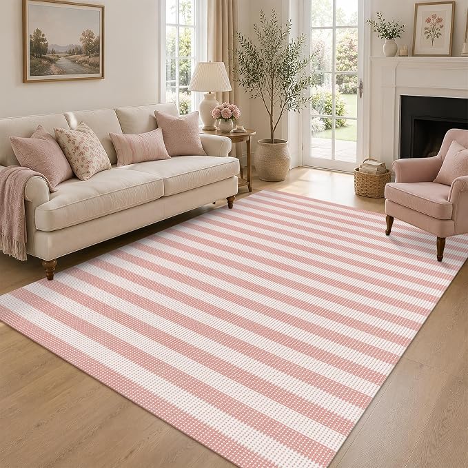 Rugalia Washable Pink Woven 5x7 Area Rug, Natural Striped Cotton Living Room Rugs Low Plie Non-Slip Outdoor Patio Rug, Modern Farmhouse Neutral Floor Carpet for Dining Room Bedroom Balcony